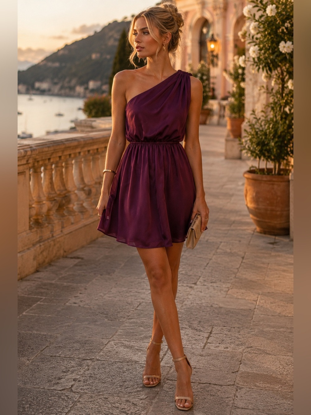 BCBGeneration Plum One Shoulder Satin Feel Mini Dress XS Cocktail Wedding Guest
